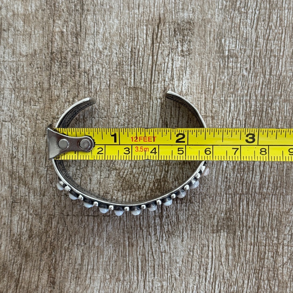 Mother of Pearl Navajo 3 Row Penny Dot Sterling Silver Cuff Bracelet - Picture 7 of 8